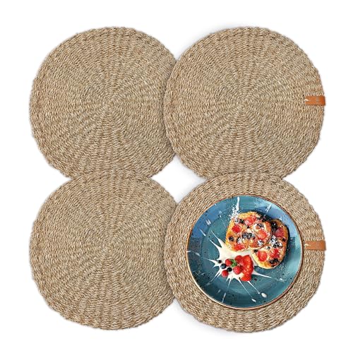 FRIHET Tischset rund - Seegras geflochten (4er Set) Platzset Ø 33 cm, Natur Tischdeko, Tischsets Platzsets abwischbar, Platzdeckchen Esstisch, Hygge Skandi Boho von FRIHET
