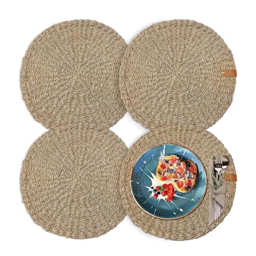 FRIHET Tischset rund - Seegras geflochten (4er Set) Platzset Ø 38 cm, Natur Tischdeko, Tischsets Platzsets abwischbar, Platzdeckchen Esstisch, Hygge Skandi Boho von FRIHET