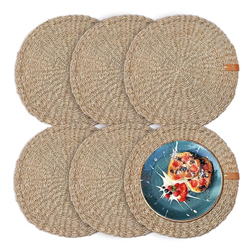 FRIHET Tischset rund - Seegras geflochten (6er Set) Platzset Ø 33 cm, Natur Tischdeko, Tischsets Platzsets abwischbar, Platzdeckchen Esstisch, Hygge Skandi Boho von FRIHET