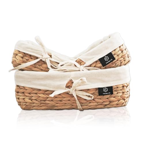 FRIHET eckige Brotkörbchen aus Wasserhyazinthe | Rustikaler Brotkorb | Brötchenkorb mit Stoff | Brötchenkorb Scandi Style | geflochtener Korb mit Leinenfutter | Deko-Korb Aufbewahrungskorb | 3er Set von FRIHET