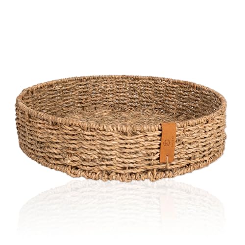 FRIHET rundes Tablett aus geflochtenem Seegras | leichtes Serviertablett mit stabilem Metalluntergestell im Boho Style | Scandi Deko | Obstschale klein und groß - auch im Set (1er Set (28 cm)) von FRIHET