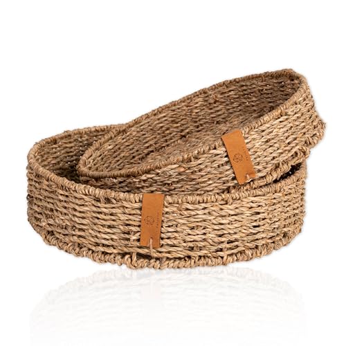 FRIHET rundes Tablett aus geflochtenem Seegras | leichtes Serviertablett mit stabilem Metalluntergestell im Boho Style | Scandi Deko | Obstschale klein und groß - auch im Set (28 + 32cm, 1, 2er Set) von FRIHET