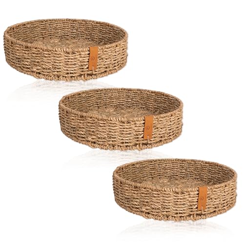 FRIHET rundes Tablett aus geflochtenem Seegras | leichtes Serviertablett mit stabilem Metalluntergestell im Boho Style | Scandi Deko | Obstschale klein und groß - auch im Set (3er Set (28cm)) von FRIHET