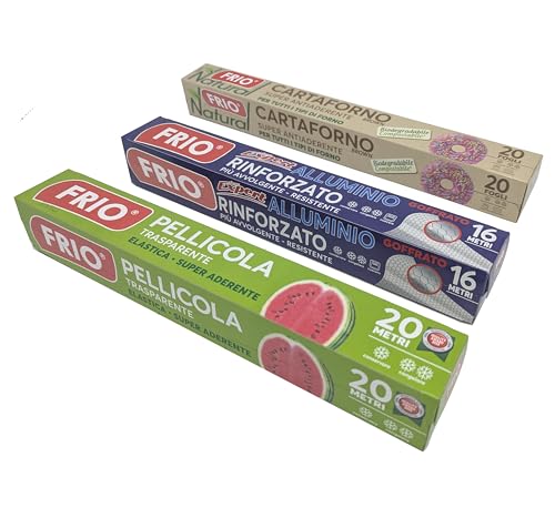 FRIO Küchen-Set 3-in-1: 16m geprägte Alufolie, 20m Frischhaltefolie, 20 Bögen Backpapier Natur (33x38 cm) – Praktisches Spar-Set zum Aufbewahren, Kochen & Schützen von Lebensmitteln von FRIO