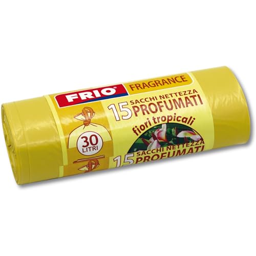 FRIO - Packung mit 15 parfümierte Müllbeuteln, 30 l, TROPISCHE BLUMEN- 52 x 58 cm, Farbe Gelb - Premium-Abfallbeutel, extra strapazierfähig, super robust, duftende von FRIO