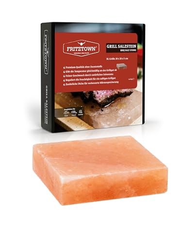 FRITZTOWN® Deluxe XL Grill Salzstein - 20x20x5 cm - 4,5 kg - Extra Stark - Feiner Geschmack durch Kristallsalz - Exklusive Geschenkbox mit Gebrauchsanweisung von FRITZTOWN