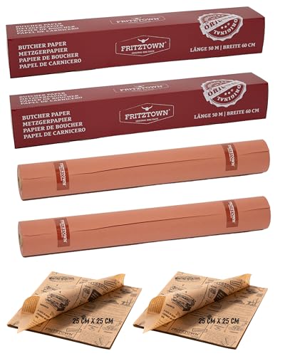 FRITZTOWN 2er Set Butcher Paper Deluxe Pink 60cm x 50m Rolle-Box Set mit Deli Paper 200 Stück 25x25cm | Lebensmittelsicher | Kraftpapier Grillpapier | Ideal für BBQ, Smoken, Räuchern von FRITZTOWN