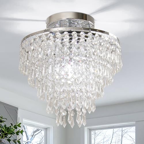 FRIXCHUR 11.8" Kristall Kronleuchter Chrom Unterputz Deckenleuchte 5-Stufen Regentropfen Silber Kronleuchter für Schlafzimmer Flur Wohnzimmer, E26 Basis von FRIXCHUR