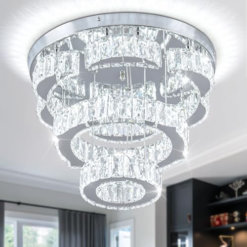 FRIXCHUR 15,7" Kristall Kronleuchter, 2 Ringe Runde Unterputz Deckenleuchte, Moderne Blumen LED Kronleuchter Pendelleuchten für Wohnzimmer, Esszimmer, Schlafzimmer (kaltweiß) von FRIXCHUR