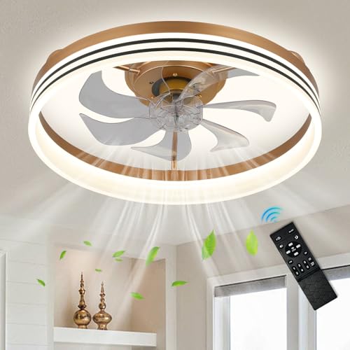 FRIXCHUR 20" Dimmbarer Deckenventilator mit Beleuchtung Modern LED Lampe mit Ventilator Unterputz-Deckenventilator mit 6 Geschwindigkeiten und 3 Farben für Wohnzimmer Schlafzimmer (50CM Gold) von FRIXCHUR