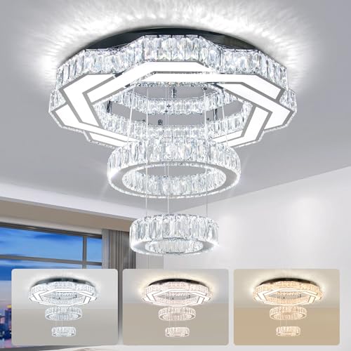 FRIXCHUR 22,4" Moderne Kristall-Kronleuchter, LED-Kronleuchterlampe, runder Ring, Unterputz-Deckenleuchte für Wohnzimmer, Schlafzimmer, Esszimmer (3 Lichtfarbe) von FRIXCHUR