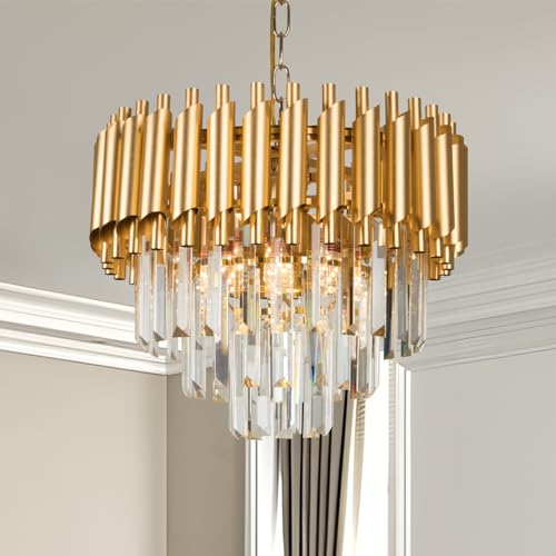 FRIXCHUR Gold Crystal Kronleuchter Moderne 3-Tier Flush Mount Crystal Deckenleuchte Raindrop 15.7'' Crystal Kronleuchter LED Crystal Pendelleuchte für Esszimmer Wohnzimmer E14 von FRIXCHUR