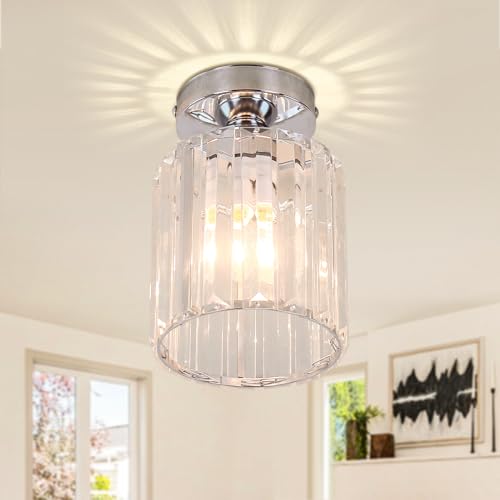 FRIXCHUR Kleiner Kronleuchter Kristall Deckenleuchte Semi Flush Mount Deckenbeleuchtung Halterung Moderne Kristall Deckenleuchte für Flur Küche Insel Esszimmer Schlafzimmer E26 Basis Chrom von FRIXCHUR