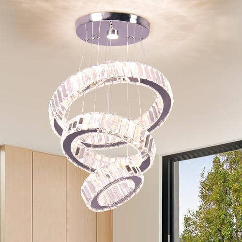 FRIXCHUR Kristall Kronleuchter 3 Ringe Pendelleuchte Verstellbare Edelstahl-Kronleuchter Deckenleuchte LED für Wohnzimmer Esszimmer Schlafzimmer(Mehrfarbig) von FRIXCHUR