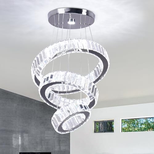 FRIXCHUR Kristall Kronleuchter 3 Ringe Pendelleuchte Verstellbare Edelstahl-Kronleuchter Deckenleuchte LED für Wohnzimmer Esszimmer Schlafzimmer (60W Kühlweiß) von FRIXCHUR