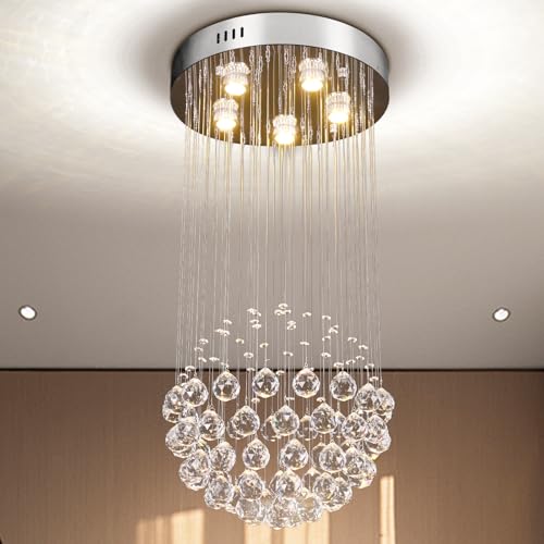 FRIXCHUR Kristall Kronleuchter Moderne Runde Regentropfen Kronleuchter Beleuchtung Flush Mount Deckenleuchte Kristall Regentropfen Hängeleuchte für Wohnzimmer Esszimmer, 5*GU10 Birnen von FRIXCHUR