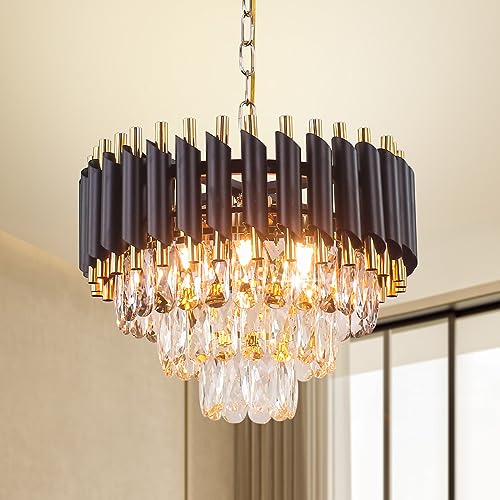 FRIXCHUR Moderne Kristall-Kronleuchter 3-Tier-Kristall-Kronleuchter Licht 15,7'' Schwarz und Gold Pendelleuchte Leuchten für Wohnzimmer Küche Insel Foyer E14x5 Bulb（Nicht enthalten Bulb） von FRIXCHUR