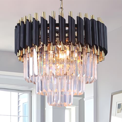 FRIXCHUR Moderne Kristall Kronleuchter 3-Tier Kristall Kronleuchter Licht 15.7'' Schwarz und Gold Hängeleuchten Regentropfen Flush Mount Kronleuchter für Wohnzimmer Küche Insel Foyer E14x5 Birne… von FRIXCHUR