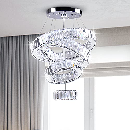 FRIXCHUR Moderner LED-Kristall-Kronleuchter 4 Ringe Pendelleuchte Verstellbare Edelstahl-Kronleuchter Deckenleuchte für Wohnzimmer Esszimmer Schlafzimmer (60W Kaltes Weiß) von FRIXCHUR