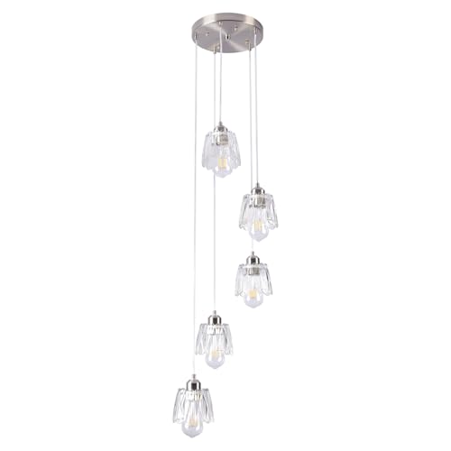 FRIXCHUR Moderner Vintage Hängelampe 5-armig | Mattschwarzes Metall mit Glas-Schirmen, ideal für Wendeltreppen, Wohnzimmer & Eingangshalle (ohne Leuchtmittel)* (325BN-P5-chrome) von FRIXCHUR