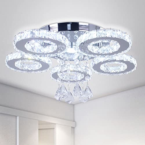 FRIXCHUR Kristall Kronleuchter LED Deckenleuchte 5-Ringe Moderne Kronleuchter Leuchte für Wohnzimmer Schlafzimmer Küche (Kühl Weiß) von FRIXCHUR