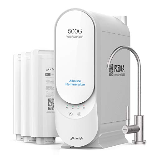 Frizzlife PX500-A Umkehrosmoseanlage,Wasserfiltersystem–alkalisch&Remineralisierung, kein wassertank,500 GPD schneller Fluss RO-Filter, Ablaufverhältnis 1,5:1,reduziertes TDS, gebürsteter Nickelhahn von FRIZZLIFE