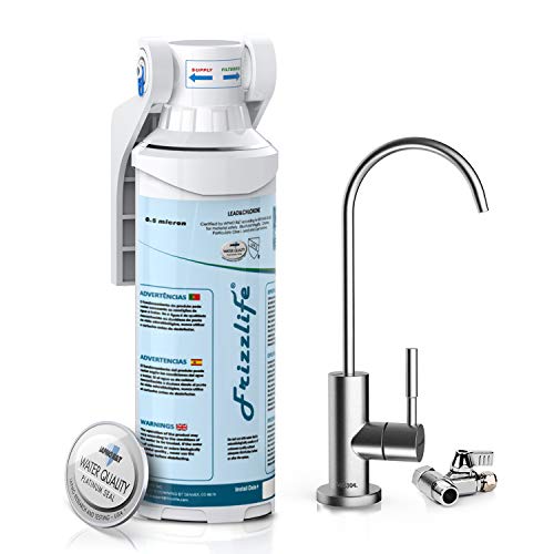 Frizzlife Untertischwasserfilter NSF/ANSI 53 & 42 zertifiziertes Trinkwasserfiltersystem - 0,5 Mikron entfernt Blei, Chlor und Gerüche, reduziert Fluorid - mit gebürstetem Nickel-Finish-Wasserhahn von FRIZZLIFE