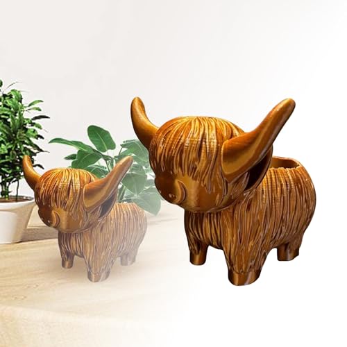 FRJINIE Süßer Hochlandkuh Sukkulenten-Übertopf, 12,7 cm, lustige Pflanztöpfe aus Kunstharz, Kaktus-Blumenbehälter, Tierhalter für Zimmerpflanzen, Garten, Heimdekoration (braun) von FRJINIE