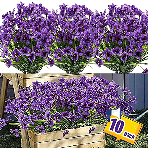 FRLONE 10 Bündel künstliche Blumen für den Außenbereich, Kunststoff-Blumen, künstliche Grünsträucher, Pflanzen zum Aufhängen, Übertopf, Zuhause, Hochzeit, Garten, Dekoration (Lila) von FRLONE