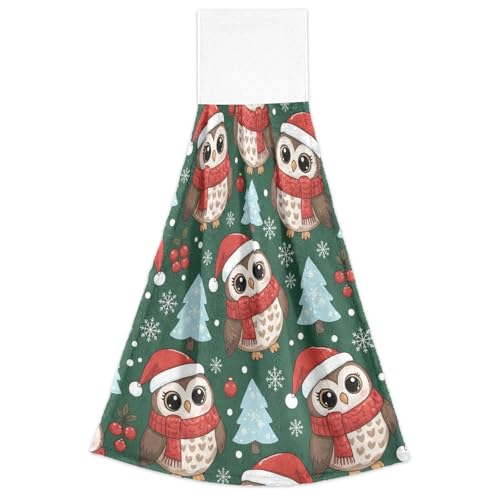 Badezimmer Badetücher mit Schlaufe, Weihnachten Dunkelgrün Rot Weiß Eule Baum, Baumwolle Waschen Geschirr Lappen Kind Waschlappen Yoga 2er Set von FRODOTGV