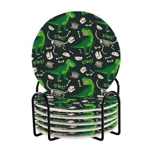Dino Bones Roar Green Untersetzer-Set mit Halter, 6 Stück Untersetzer für Getränke, saugfähige Tischuntersetzer, Untersetzer für Holztisch von FRODOTGV