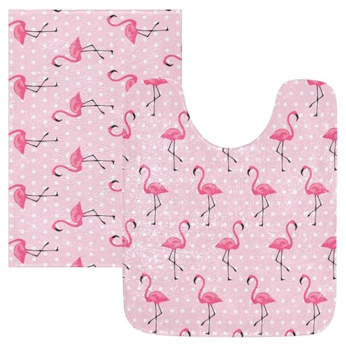 FRODOTGV Badematten-Set mit pinken Flamingo-Punkten, zotteliger Kontur-WC-Vorleger, U-förmiger Badteppich, waschbar für Schlafzimmer, 40,6 x 61 cm plus 50,8 x 61 cm U von FRODOTGV