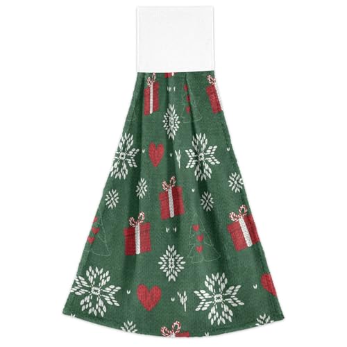 FRODOTGV Badetücher mit Hakenschlaufe, Weihnachten Grün Rot Weiß Herz Schneeflocke Baumwolle Geschirrtücher Herd und Handtuch und Waschlappen Spa 2er Set von FRODOTGV