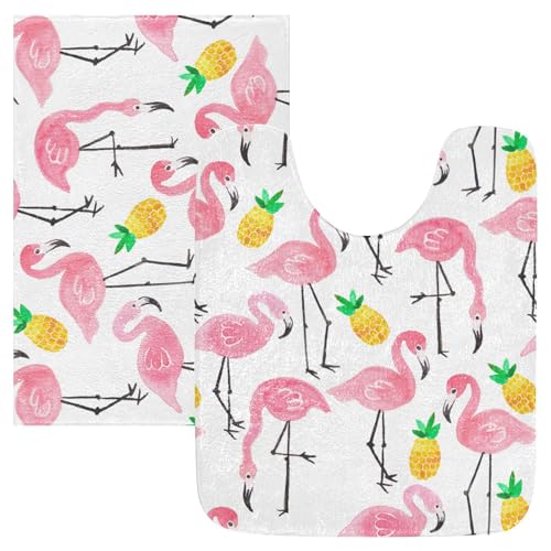 FRODOTGV Badteppich, Motiv: rosa Flamingo, gelbe Ananas, rutschfest, U-förmig, waschbar, für Badezimmer, 40,6 x 61 cm plus 50,8 x 61 cm, 2 Stück von FRODOTGV