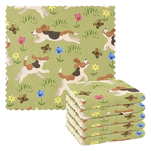 FRODOTGV Beagle Süße Hunde Blume Weiche Dekorative Küchentücher Mikrofaser Schnell Trocknend Set mit 6 Küchen-Geschirrtüchern für Arbeitsplatte Kaffee von FRODOTGV
