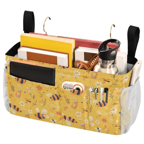 FRODOTGV Bedside Caddy Bienen auf gelben Aufbewahrungstaschen, Tasche mit großen Taschen und Flaschenhalter für Etagenbett-Zubehör, Schlafsaal-Aufbewahrung von FRODOTGV