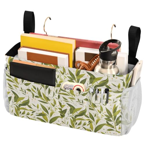 FRODOTGV Green Branch Nachttisch-Organizer mit nahtlosem Muster, mit großen Taschen und Flaschenhalter für Nachttischregal und Etagenbett, Bett-Caddy für Zuhause, Schlafsaal, Etagenbett von FRODOTGV