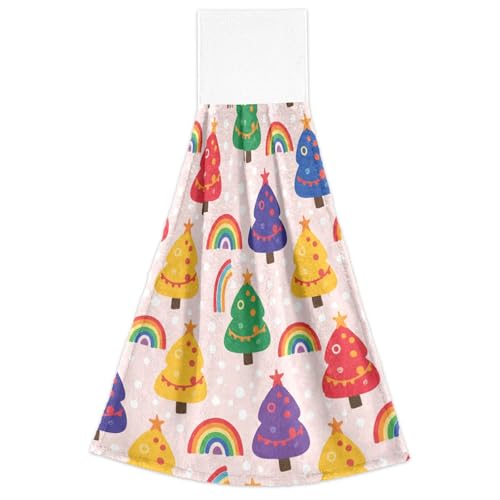FRODOTGV Küchenhandtücher mit Aufhängeschlaufen, weihnachtlicher rosa bunter Baum, Regenbogen, dekorative Geschirrtücher in Weiß, 2 Stück von FRODOTGV