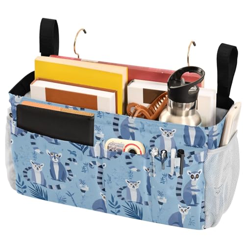 FRODOTGV Lemurs Madagaskar auf blauem Muster, Nachttisch-Caddy, Aufbewahrungstasche, hängende Organizer-Taschen mit festen Gurten und Wasserflaschenhalter für Fernbedienungen, Handy, Studentenwohnheim von FRODOTGV