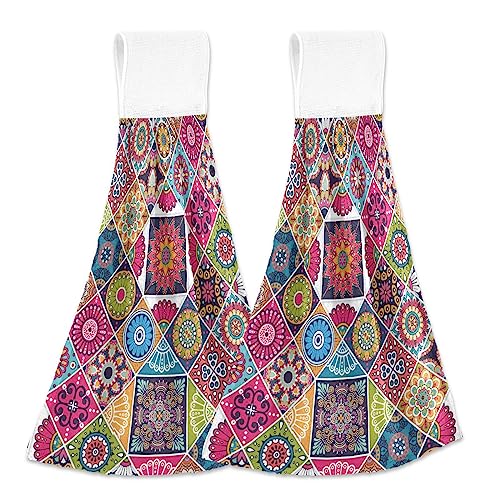 FRODOTGV Marokkanische Bohemian Mandala Handtücher für Badezimmer mit Schlaufe 2 Handtücher mit Knopfschlaufe Saugfähige Handtücher für von FRODOTGV