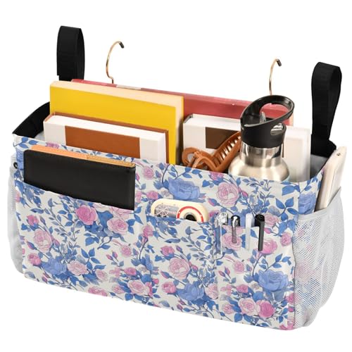 FRODOTGV Nachttisch-Aufbewahrungstasche mit Rosenstrauß-Design, mit großen Taschen und Flaschenhalter, hängende Organizer-Taschen für Nachttischregal und Etagenbett-Regal, Weiß von FRODOTGV
