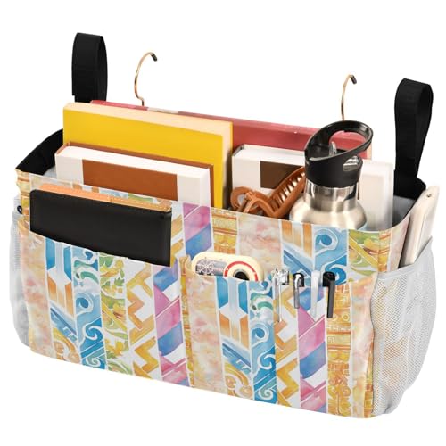 FRODOTGV Nachttisch-Caddies mit großen Taschen und Flaschenhalter, Hängeorganizer für TV-Fernbedienung, Handys, Zeitschriften, Tablets, Zubehör, abstrakte geometrische Muster von FRODOTGV