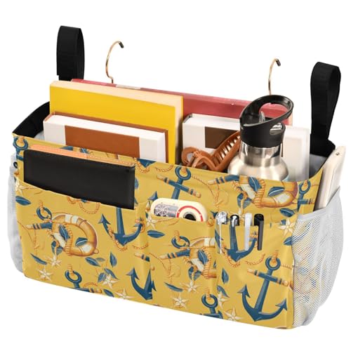 FRODOTGV Nachttisch-Caddy, Ozean-Design, Meeres- und Seil-Safran-Organizer-Taschen mit Taschen für Zuhause, Uni, Schlafsaal, Etagenbett/Krankenhausbett, Bettgitter von FRODOTGV