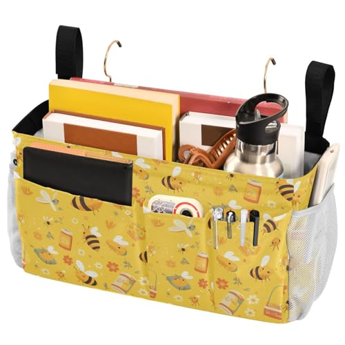FRODOTGV Nachttisch-Caddy-Aufbewahrungstasche mit Taschen, hängende Organizer-Taschen für Zeitschriften, Tablets, Telefon, Schokoladenbienen auf Gelb von FRODOTGV