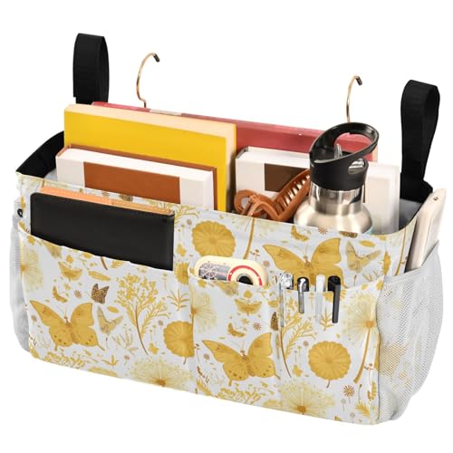 FRODOTGV Nachttisch-Caddy-Aufbewahrungstasche mit großen Taschen und Flaschenhalter, Hängeorganizer für Brillen, Bücher, Handys, Schlüssel, Schmetterlinge, Löwenzahn-Muster, Schmetterlinge, Gold von FRODOTGV