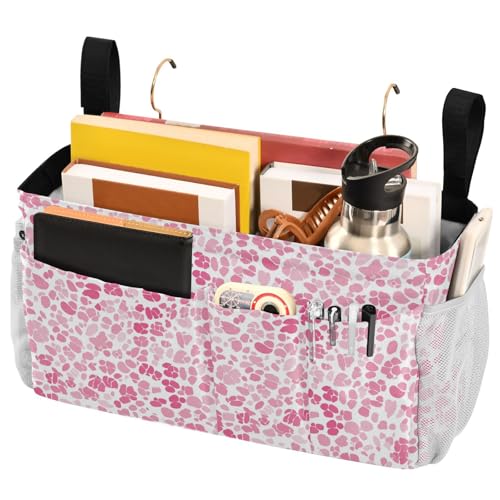 FRODOTGV Nachttisch-Caddy-Aufbewahrungstasche mit großen Taschen und Flaschenhalter, Hängeorganizer für Bücher, Handys, Schlüssel, Wasserflasche, rosa Glitzer, Leopardenmuster von FRODOTGV