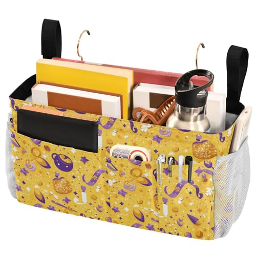 FRODOTGV Nachttisch-Caddy für Karneval, violett, Urlaubsmuster, Safran, Aufbewahrungstaschen, Tasche mit großen Taschen und Flaschenhalter für Etagen- und Krankenhausbetten, Schlafsäle, Bettgitter von FRODOTGV