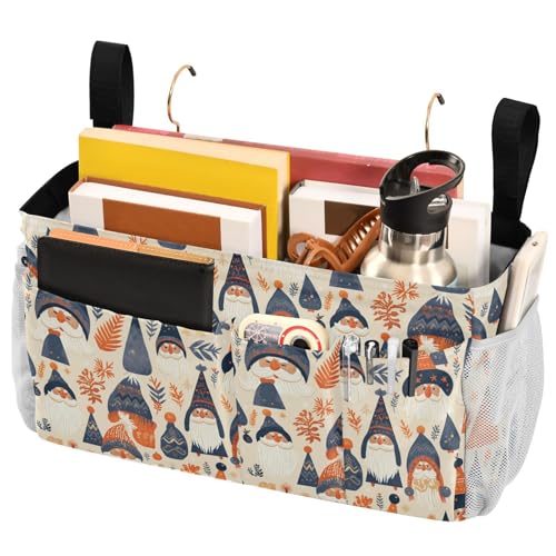 FRODOTGV Nachttisch-Caddy mit großen Taschen und Flaschenhalter, Hängeorganizer für Zuhause, Etagenbett, Schlafsaal, Sofa, Weihnachtskarte, lustige Zwerge, skandinavisch, flach von FRODOTGV
