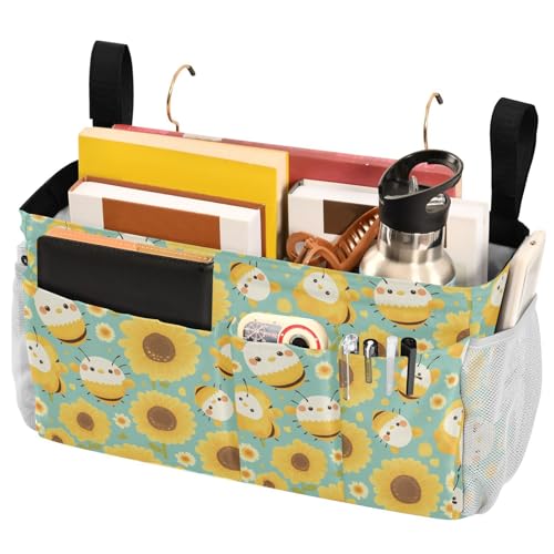 FRODOTGV Nachttisch-Organizer mit niedlichen Bienen und Sonnenblumen, mit großen Taschen und Flaschenhalter für Zuhause, Etagenbett, Schlafsaal, Sofa von FRODOTGV