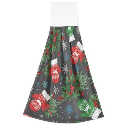 FRODOTGV Weihnachtliche dunkelgraue rote grüne Fäustlinge Stechpalme Badezimmer Baumwolle Badetücher mit Schlaufe Set von 2 Kinderwaschlappen Yoga Waschen Geschirr Lappen von FRODOTGV